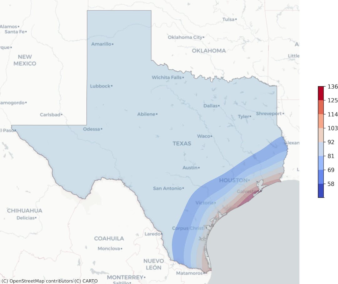 Texas tropical cyclone risk heat map: Regions color-coded based on frequency of hurricanes and tropical storms, weighted by wind speed, derived from NOAA's historical cyclone track data